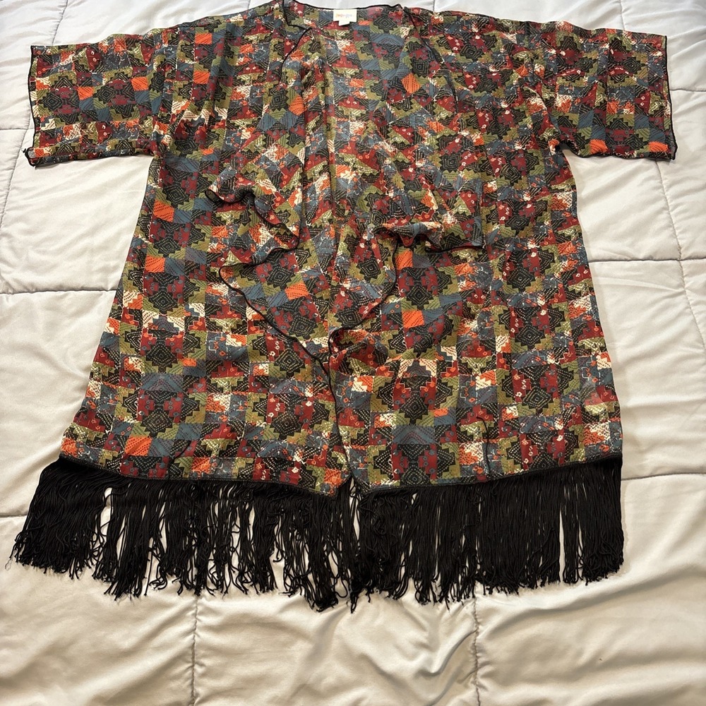 LuLaRoe Monroe Sheer Fringe Geometric Open Front Kimono Cover Up Size L Boho
